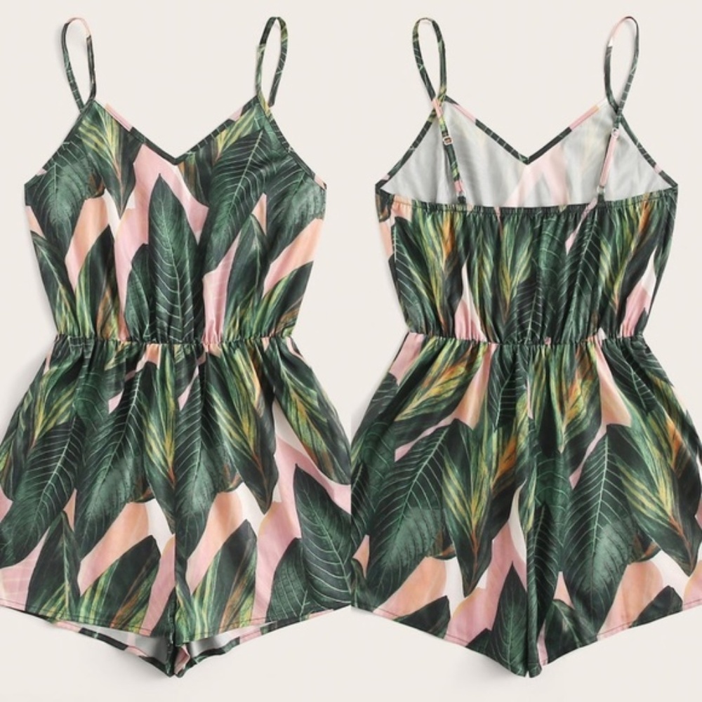 NWT Pink and Green tropical leaf romper